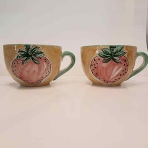 Hand Painted Yellow/Strawberry Zrike cappacino/coffee mugs. Made in Portugal.